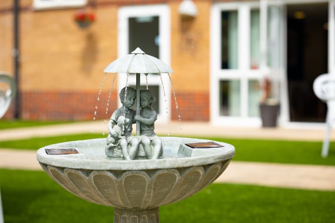 Garden fountain at Willows Care Home